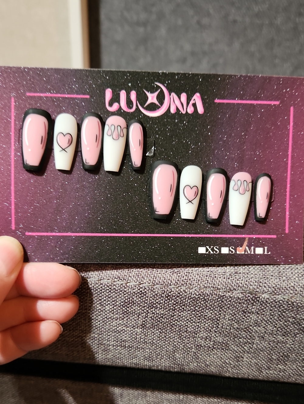 Matte Pink/White Press On Nails. Size Medium